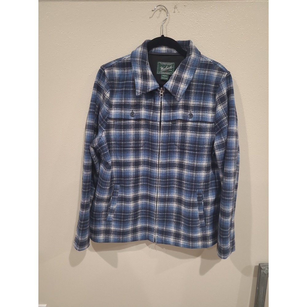 Woolrich Women SZ L Blue plaid Wool Blend zip front Shacket pockets Cabin Camp